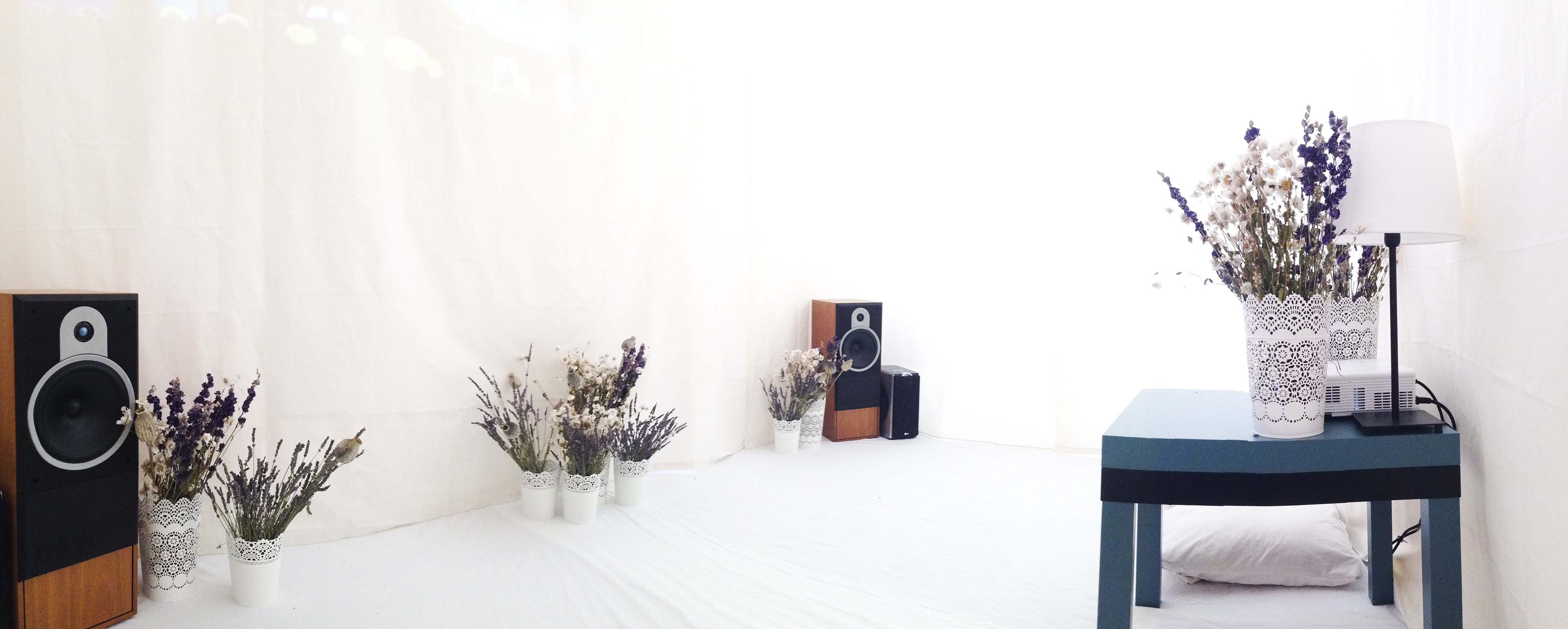white performance space with dried flowers for Eerie Days