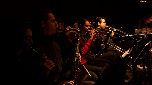 wind section of Levenmuster Collective playing Sensing City  at Club 11 in Amsterdam 