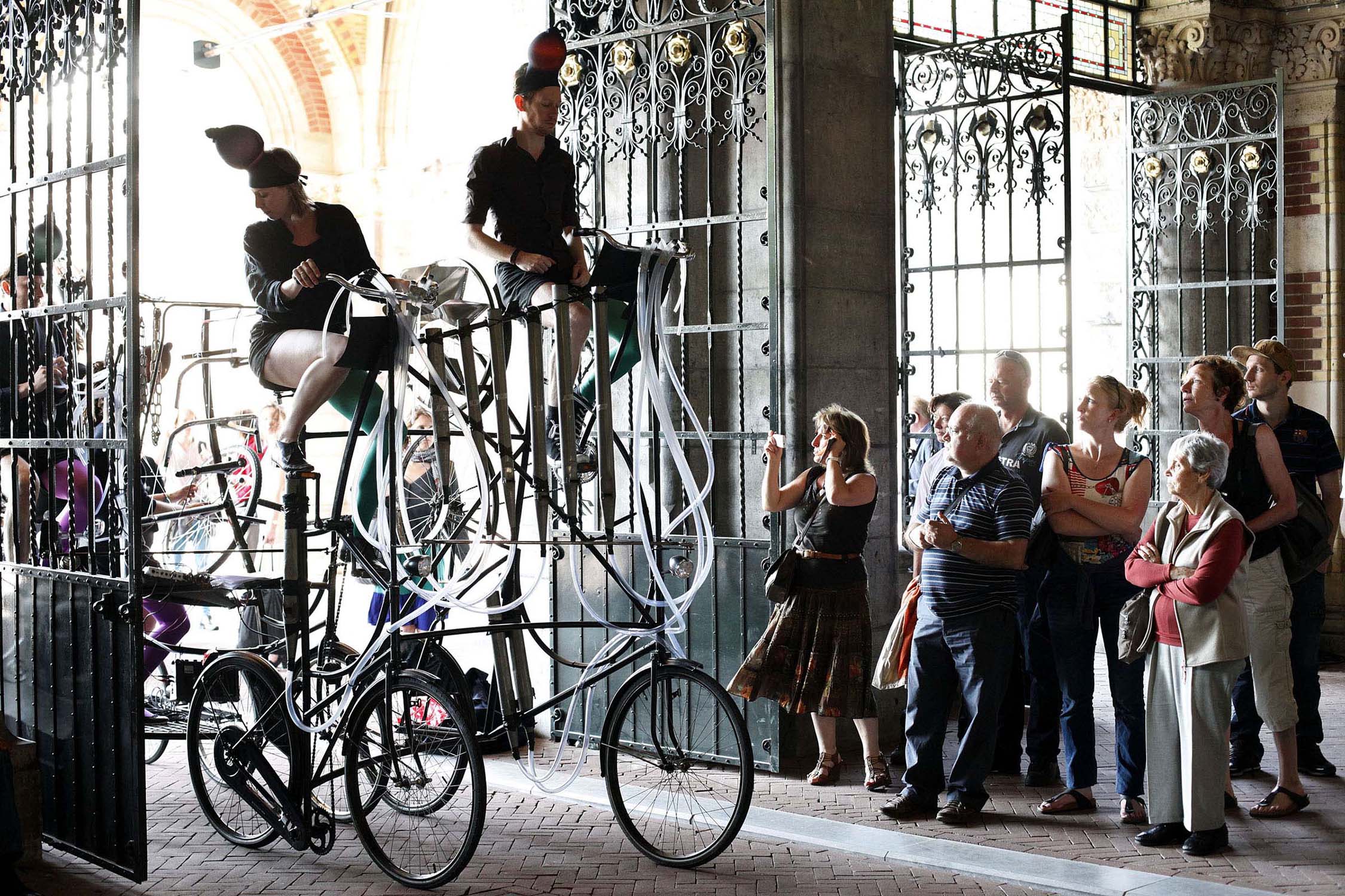 Music Theater performance and bike installation Cyclophonia during Holland Festival at the Rijksmuseum passage Amsterdam